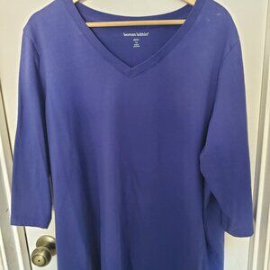 Woman Within Blue 3/4 Sleeve V Neck Shirt Women's 1X(22/24)